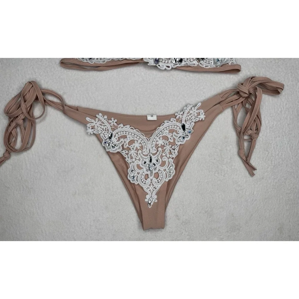 Size M Women's Nude White Lace Rhinestone Tie Side Bikini Swimsuit Set